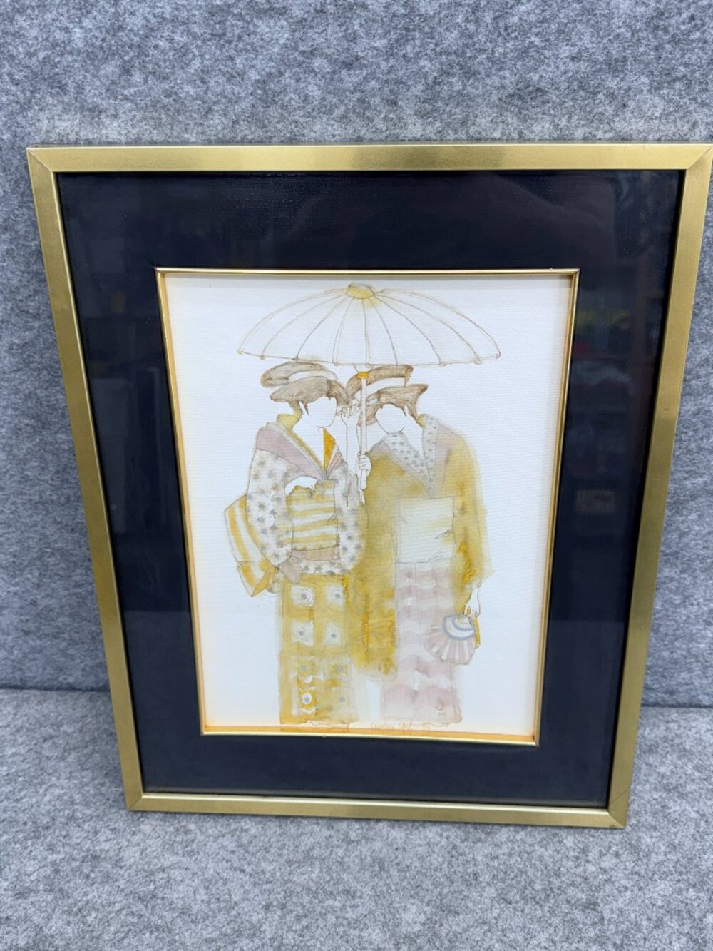 Vintage Japanese Watercolor Painting Two Geishas Maiko w/ Parasol Umbrella Frame